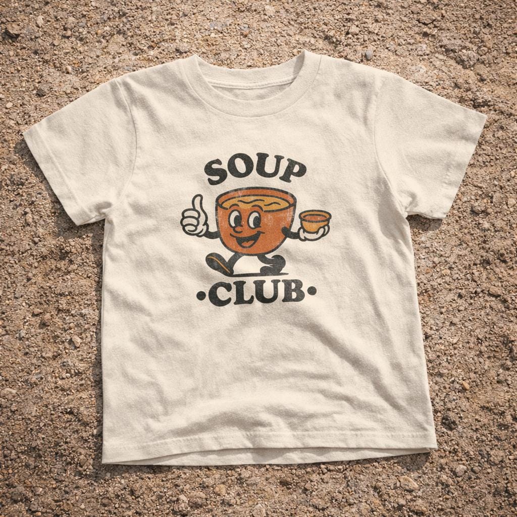 Soup Club Shirt, Funny Soup Tee, Retro Food Mascot Shirt, Vintage Comfort Food Graphic Tee, Soup Lover Gift, Cozy Foodie Shirt