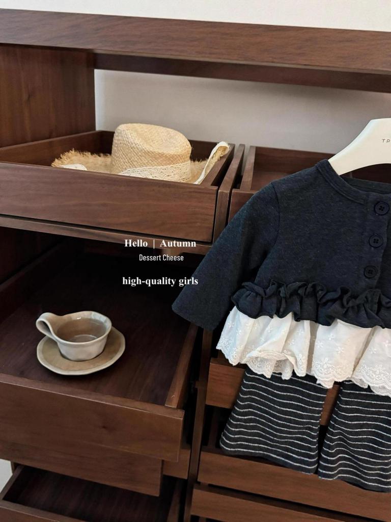 Комплект для девочек 2025 года в корейском стиле: кружевной кардиган и расклешенные брюки - Осенняя мода