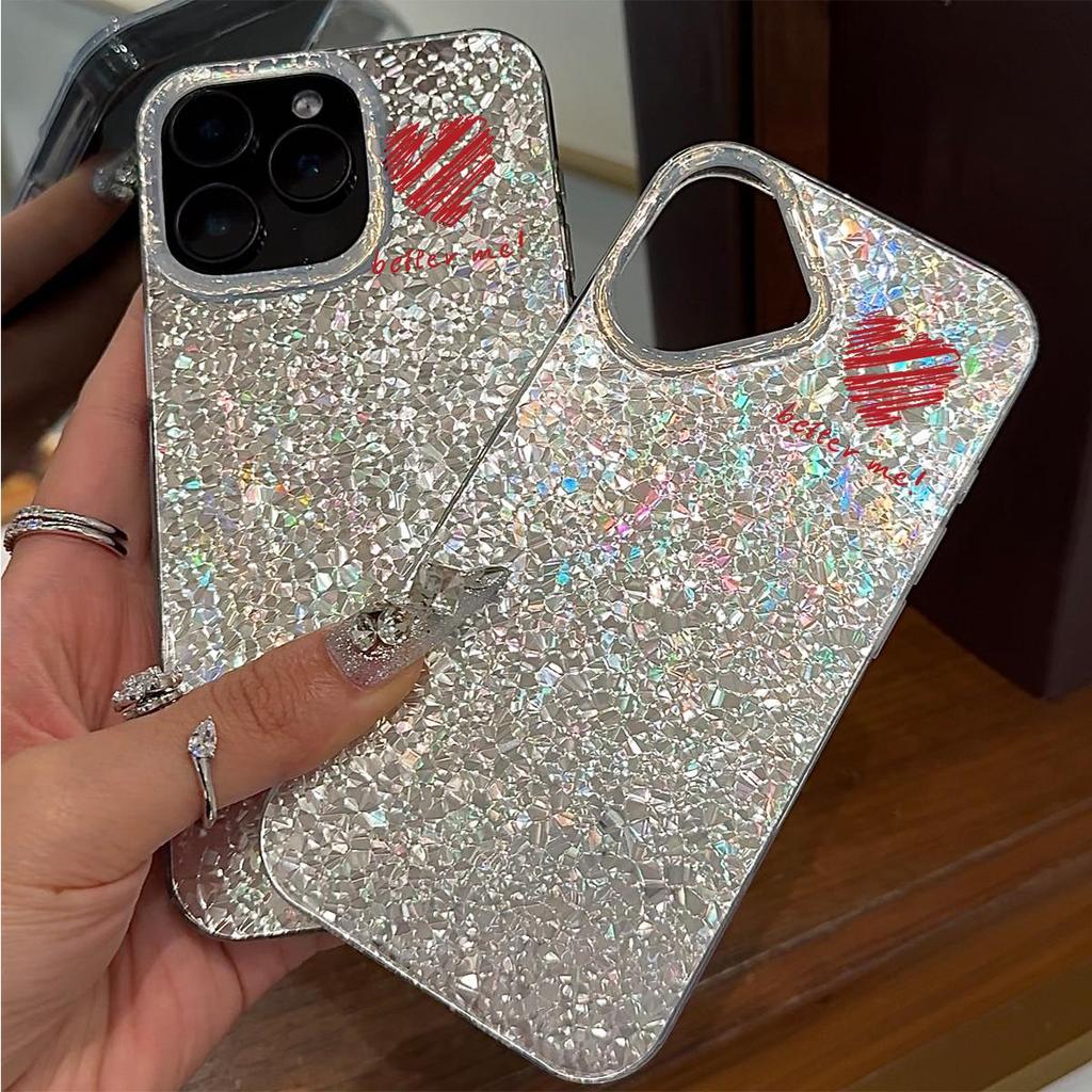 Чехол для iphone 18 Pro Max 13 17 Pro 14 12 Air 15 11 XS Max XR 16 Plus Серебристый Блеск Трескающийся Фон Маленькое Красное Сердце