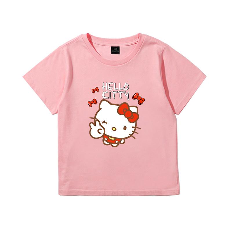 Hello Kitty Soft Cute Cartoon Printed Childrens Tshirt Summer New Trendy Cool Pure Cotton Round Neck Parentchild Outfit