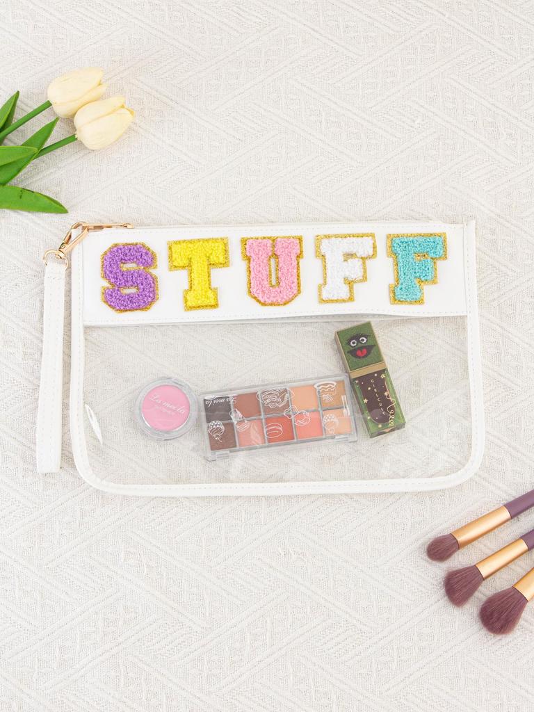 Transparent PVC Zipper Snack Bag with Embroidered Letters - Portable PU Waterproof Makeup and Toiletry Handbag