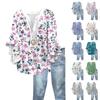 Women's Fashion Button V-Neck Ruffle Seven Sleeve Blouse Floral Printed Top