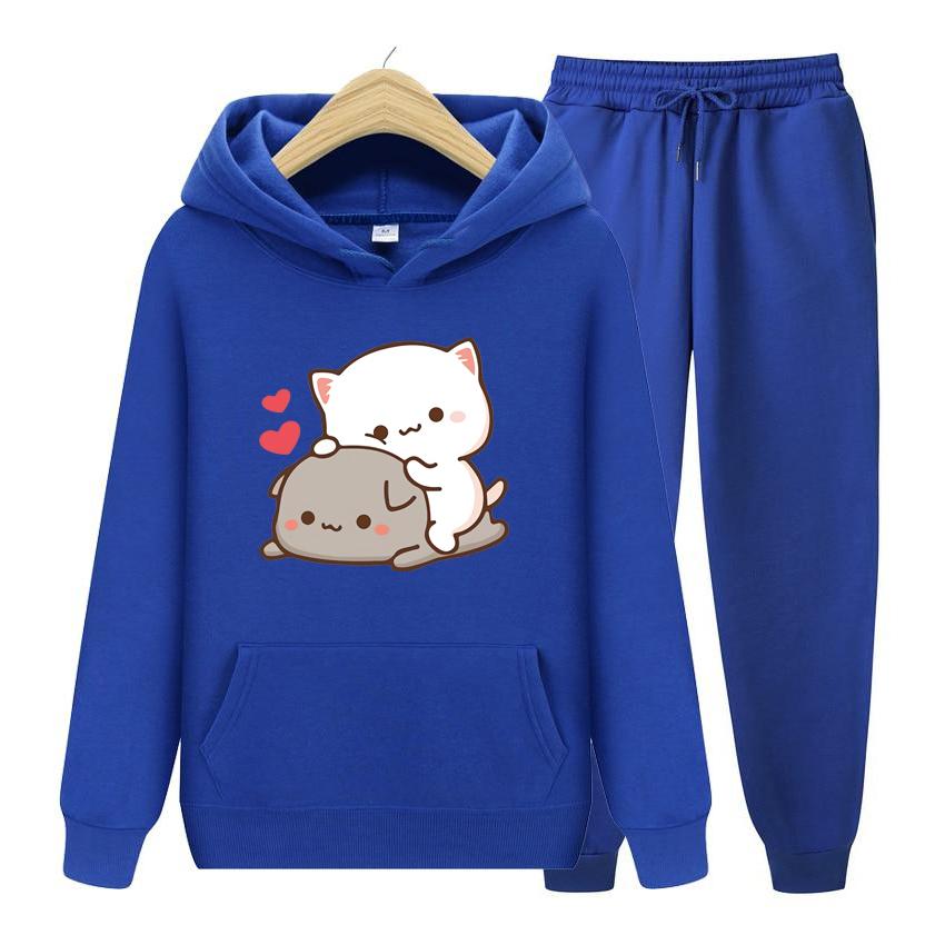 Женский комплект с капюшоном с длинными рукавами Kawaii Girl, комплект свитшотов в стиле аниме, негабаритный повседневный пуловер, милая пара, подарок на день Святого Валентина, комплект с капюшоном
