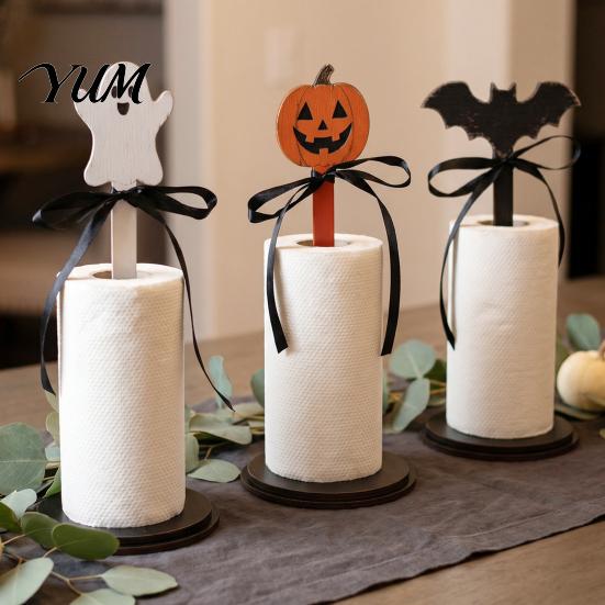 Wooden Kitchen Roll Stand Halloween Paper Towel Holder, Ghost/Pumpkin/Witch's Hat/Bat Decor, Vertical Holder Durable Wood Standing Reel for Countertop