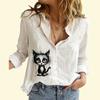 Women Fashion Cotton Linen Shirt Casual Thin Long Sleeved Top Ladies Cat Print Buttoned Blouse