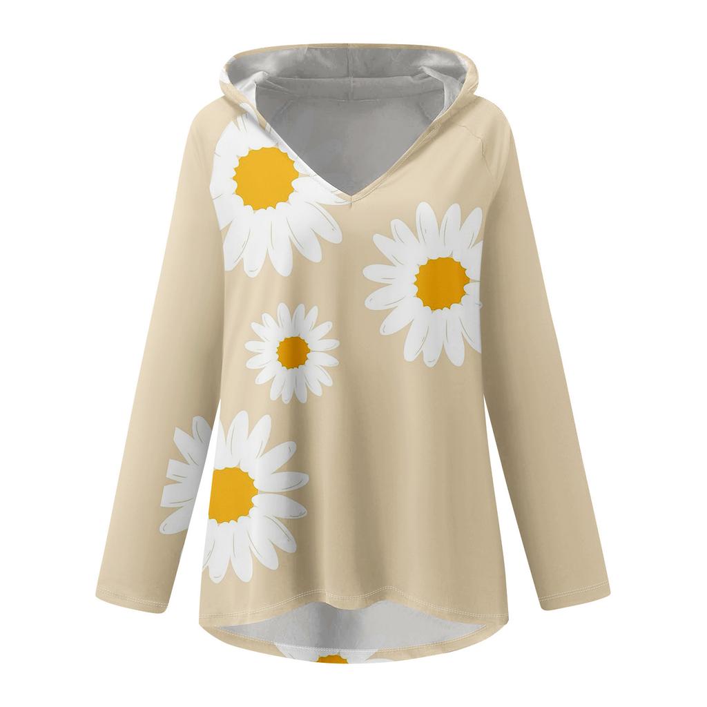 Women's V-neck Hooded Loose Long-sleeved Tops Casual Tops Home Leisure Pajamas Tops