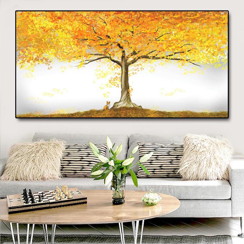 Абстрактные осенние золотые опавшие листья, холст, картина, настенное искусство, желтое дерево, постеры, принты с лисой для декора гостиной, Cuadros