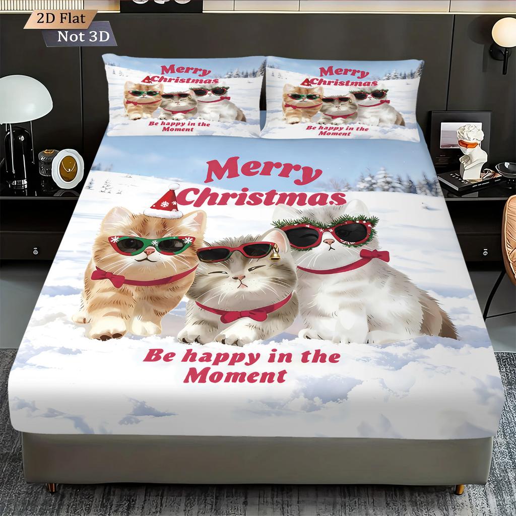3pcs Cute Bizarre Christmas Cat Print Chipless Bed Sheet Set with Multiple Sizes Bed Cover Bedding Decoration Machine Washable