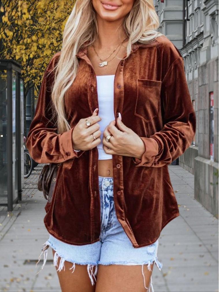 2025 Women's Velvet Turn-Down Collar Shirt - Solid Color, Versatile, European and American Style, Autumn/Winter Collection.