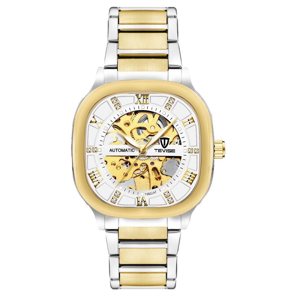 TEVISE Автоматические механические часы для мужчин из нержавеющей стали, водонепроницаемые, скелетон, квадратный циферблат, люминесцентные, модные, деловые, наручные часы