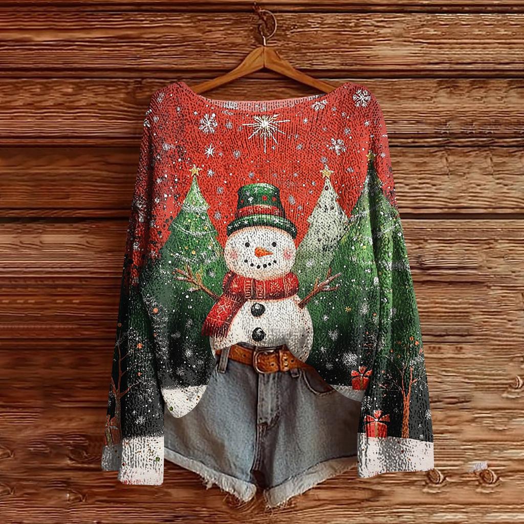 Women's Christmas Print Lightweight Sweater Casual Long Sleeve Knitted Pullover