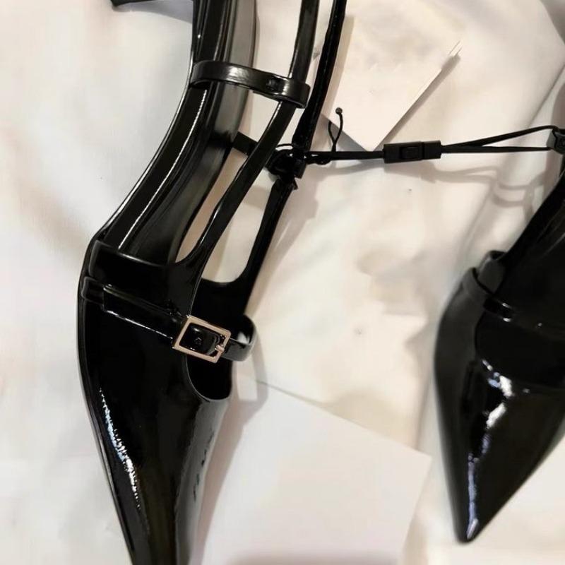 Черные туфли на высоком каблуке для женщин, летние туфли-лодочки из кожи с острым носком, сексуальные туфли с открытой пяткой и небольшим носком для сандалий