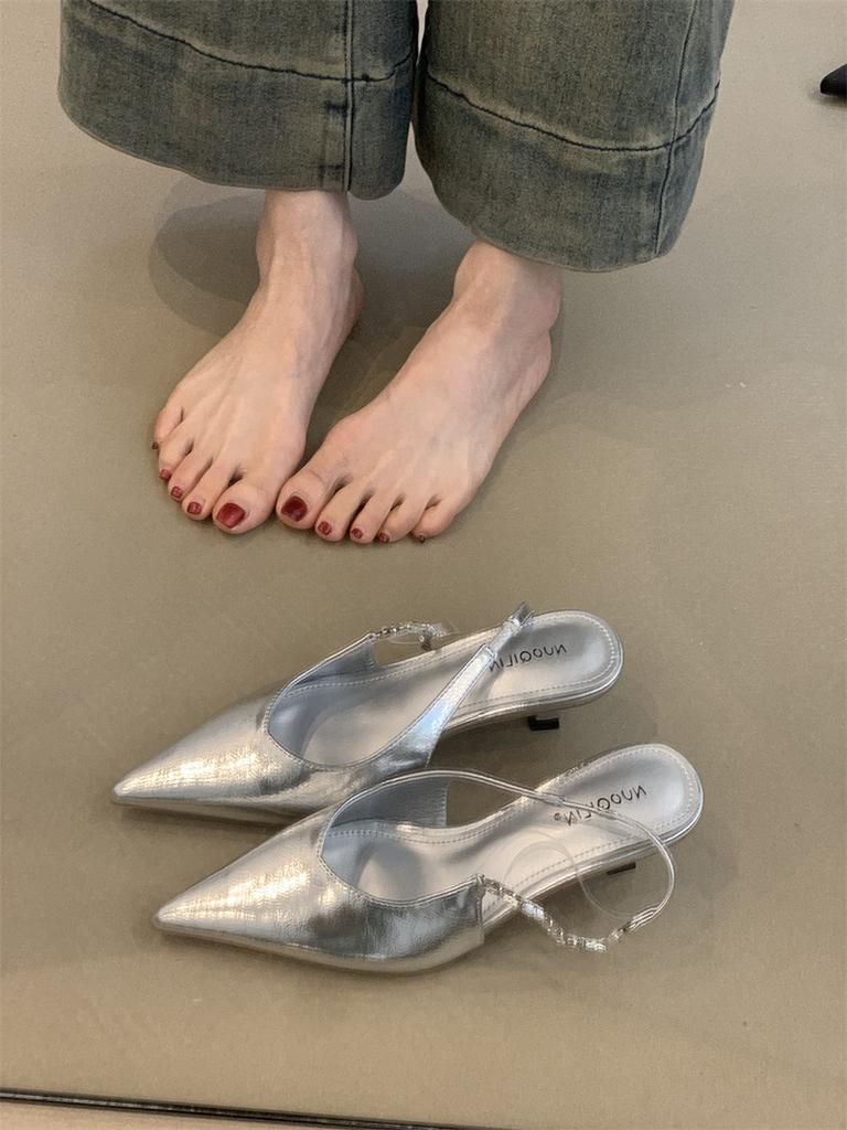 French celebrity high heels 2025 spring and summer temperament elegant rhinestone pointed head shallow mouth thin heel bag head empty sandals