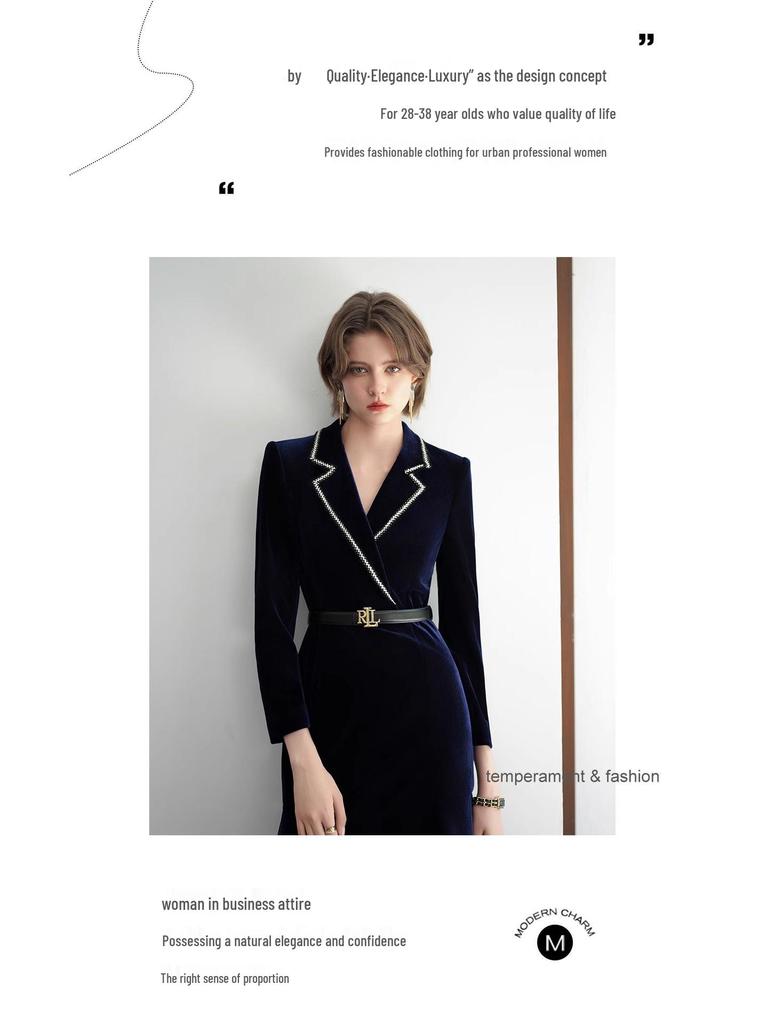 2024 Ранняя осень Темно-синее бархатное женское формальное платье с оборками и длинными рукавами