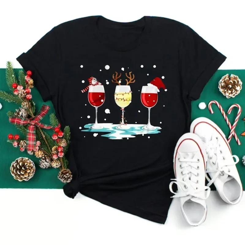 Cute Christmas Graphic T Shirt With Funny Wine Glass Snowman Santa Hat Elements Designs Stylish Casual Short Sleeve Tee
