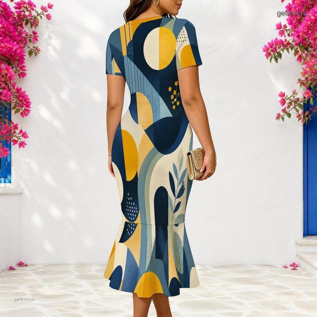 Women Plus Size V Neck Short Sleeve Green Khaki Geometric Printed Fitted Fishtail Dress
