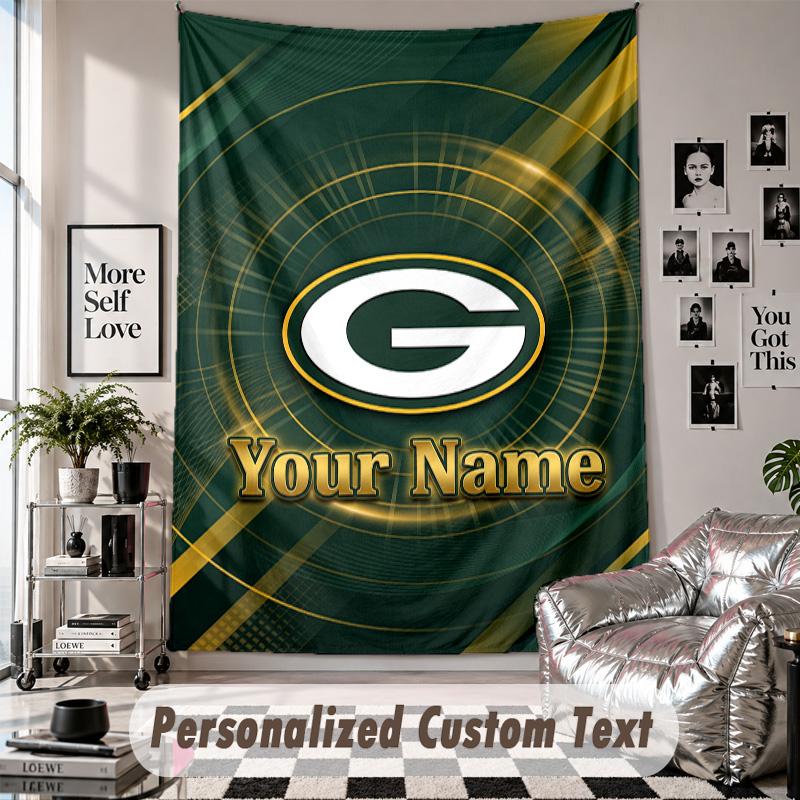 Wall Hanging Tapestry With Custom Name & Text, Green Bay Packers Decorative Tapestry For Bedroom