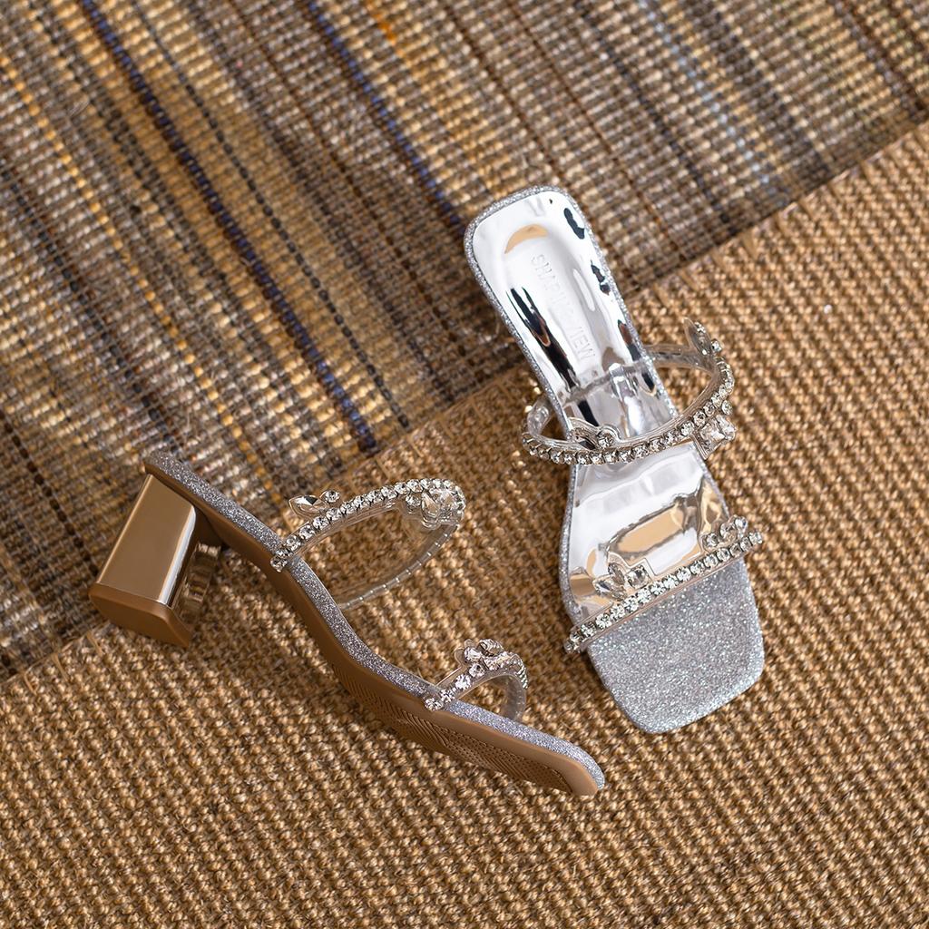 Sweet 2025 Summer New Silver Square Head Sparkling Rhinestone High-heeled Sandals Wear Thick Heels Cool Slippers Women