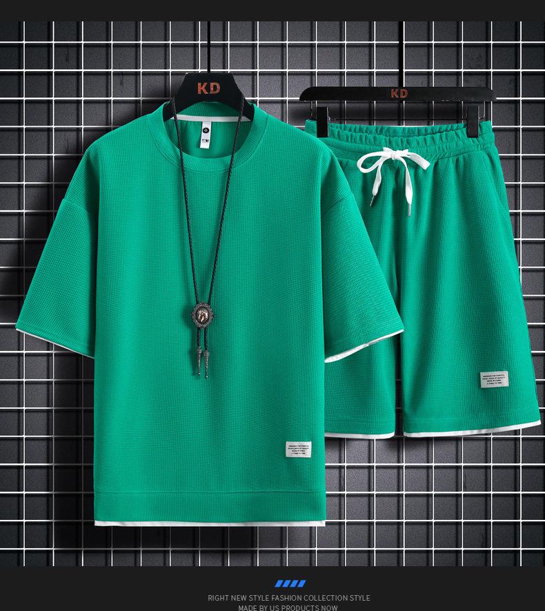 Мужской летний вафельный спортивный комплект с коротким рукавом и шортами, двухпредметный