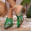 Fashion New Vintage Satin Embroidered High Heel Slippers Thick Heel Pointed Women's Fashion Slippers