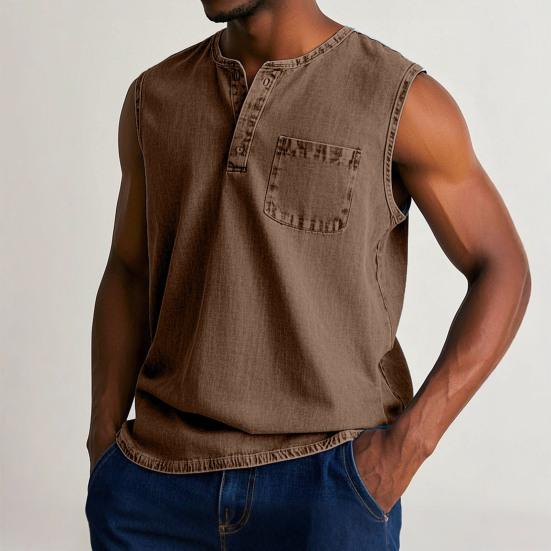 Men Tops Sleeveless Round Neck Buttons Half Placket Solid Color Camisole