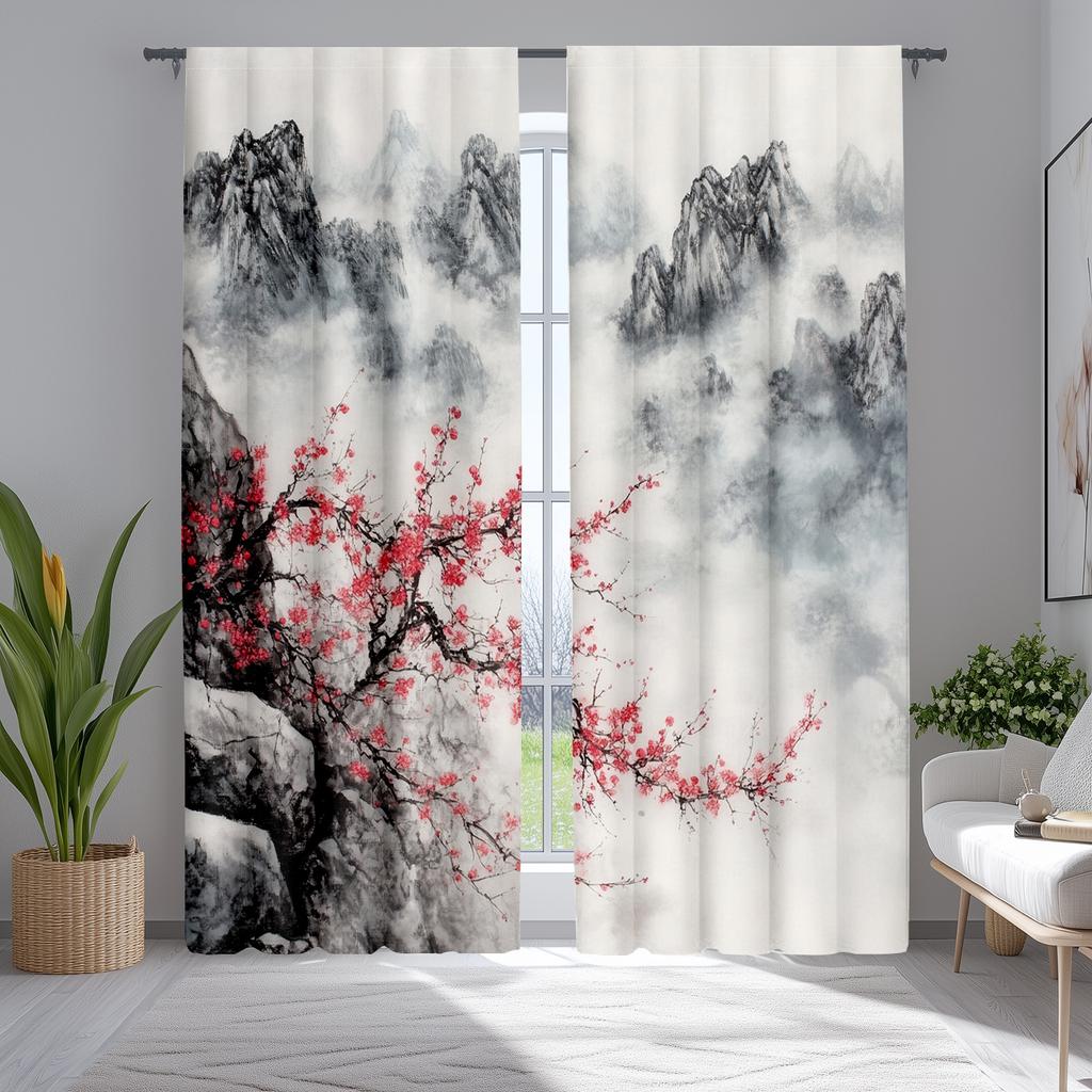 2pc Cherry blossom tree and mountain print curtains, polyester fabric, machine washable, suitable for bedroom and living room