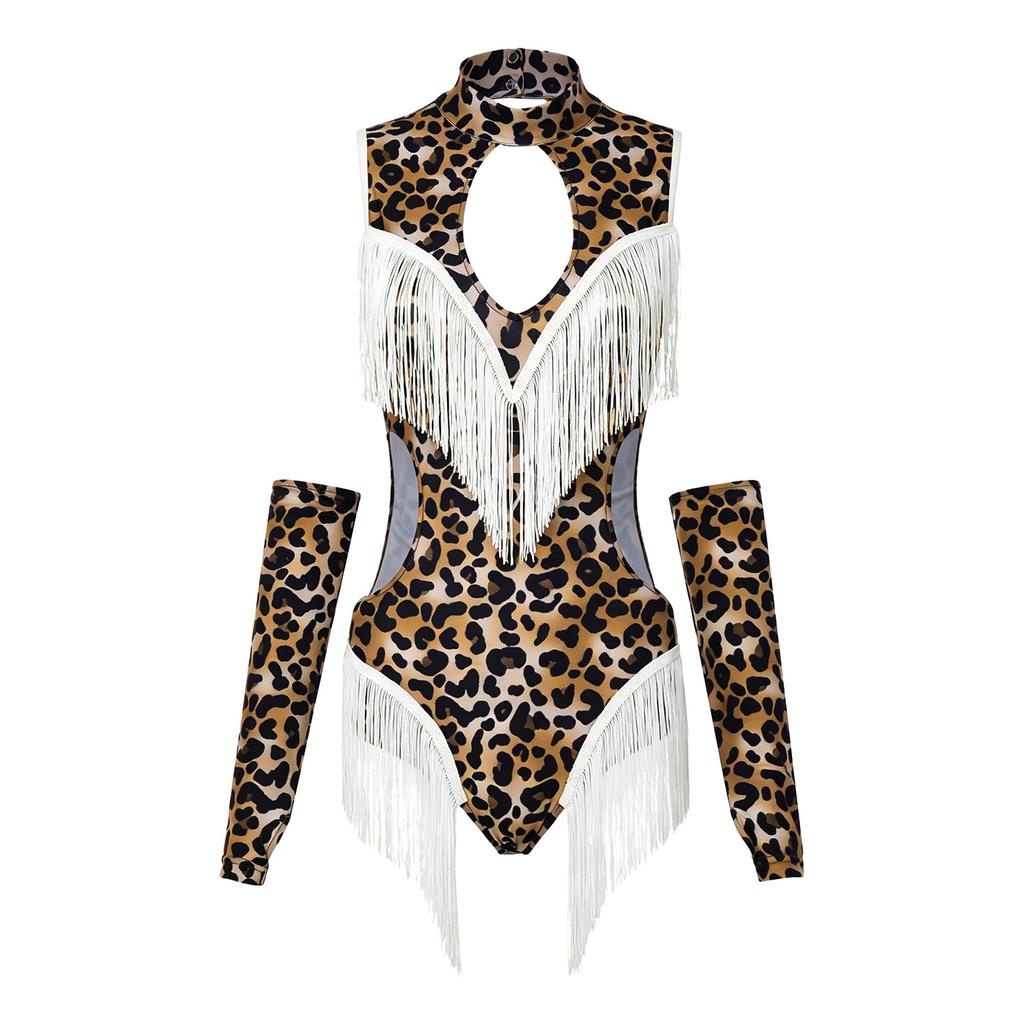 Women Leopard Print Latin Bodysuit Oversleeve Tassel Keyhole Backless Hollow Waist Button Crotch Leotard