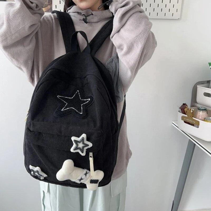 Aesthetic Backpack Stars Pattern Preppy Rucksack College Student Computer Backpack Corduroy Bookbag for Girl CLE