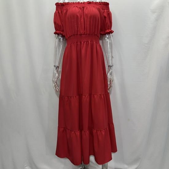 Пляжное платье с пышными короткими рукавами и эластичной талией, с большим подолом, трапециевидной формы и высокой талией, летнее с открытыми плечами, сплошное цветное платье макси в стиле бохо, уличная одежда