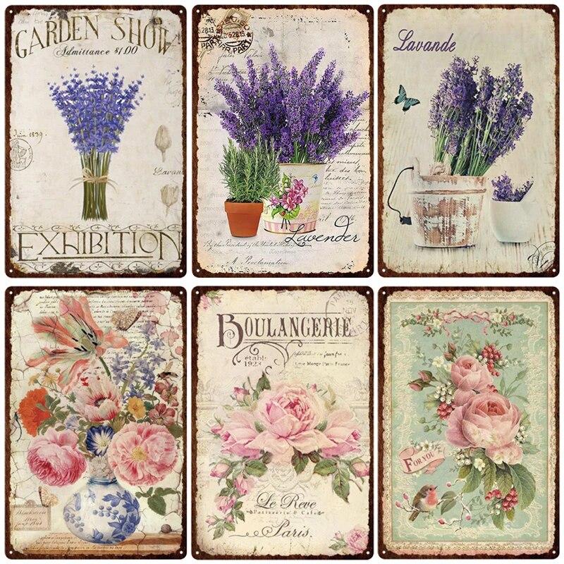 Пасторальный стиль Цветочная табличка Металлическая жестяная вывеска Лавандовая роза Ретро тарелки постер для гостиной Домашний сад Настенный декор 20x30 см