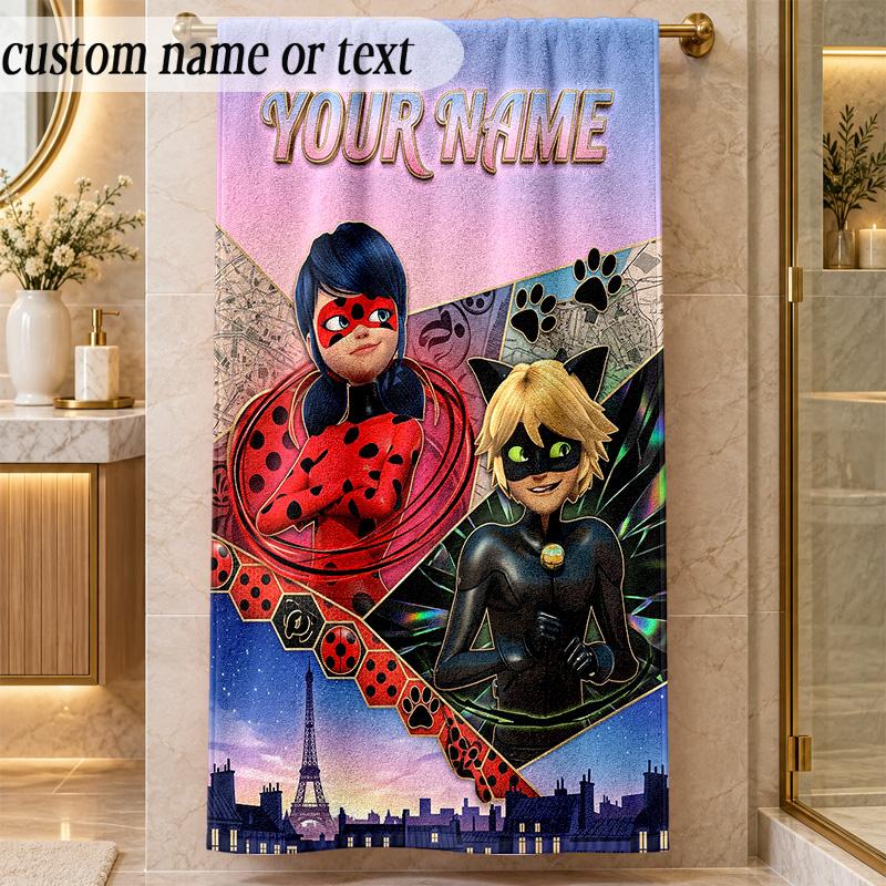Beach TowelMiraculous Ladybug Custom Name Text Personalized Soft Towel for Beach Pool Indoor Home Decor Gift