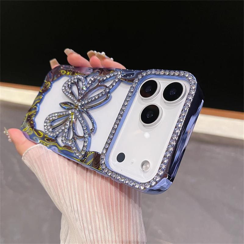 Роскошный ТПУ с гальваническим покрытием, чехол для телефона с бриллиантовой бабочкой для iPhone 17 16 15 14 13 12 11 Pro Max Plus, противоударный жесткий чехол с полым узором