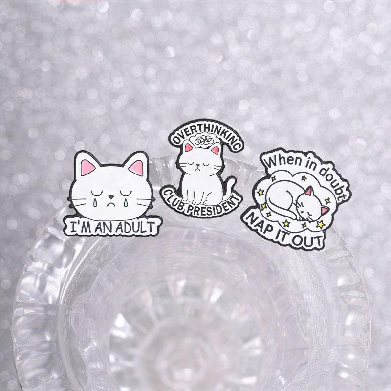 White Cats Enamel Pins Funny Overthinking Club President Brooches Badges Cute Cartoon Moody Animal Jewelry Gift for Friends