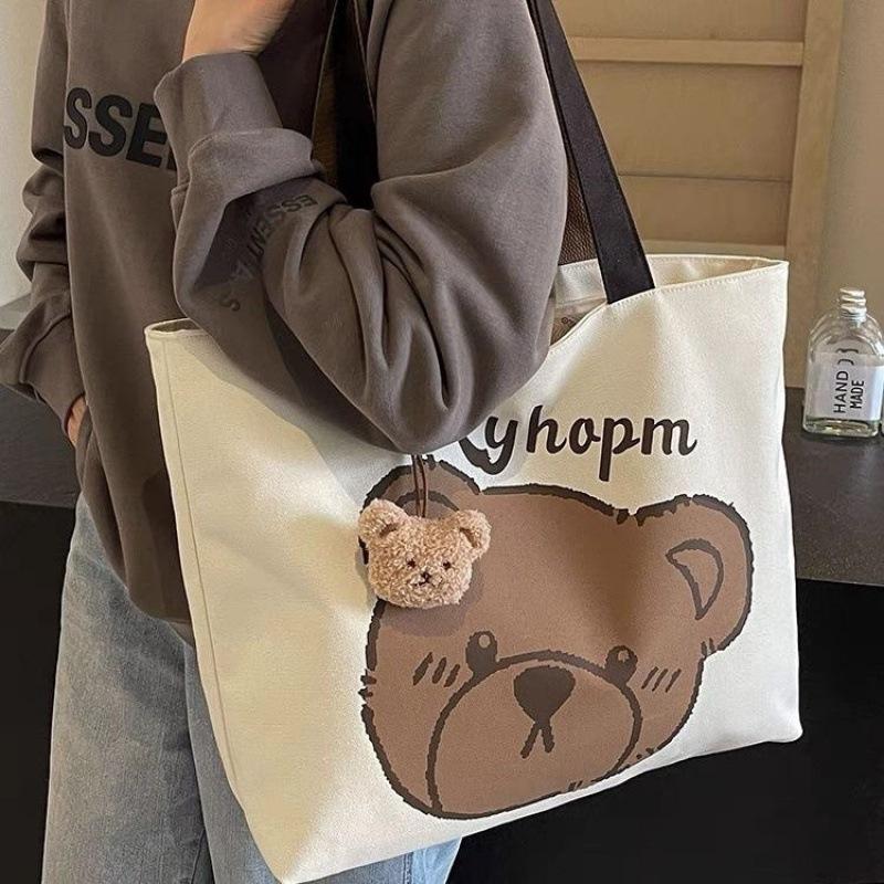 Instagram Cartoon Bear Trendy Casual Commuting Shoulder Bag Большая вместительная сумка-тоут для повседневной жизни Портативная холщовая сумка