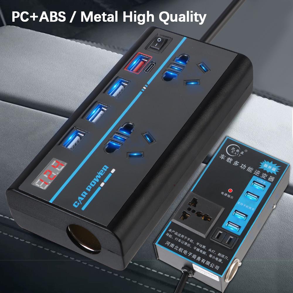 Адаптер питания 200 Вт Переключатель ВКЛ/ВЫКЛ 8 портов розеток Автоаксессуары QC 3.0 Автомобильный инвертор DC 12 В/24 В в AC 110 В/220 В Преобразователь Зарядные устройства USB/PD/Type-C