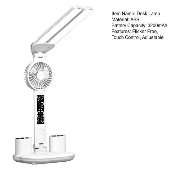 3-в-1 светодиодная настольная лампа с охлаждающим вентилятором, держателем для ручек, дизайном без мерцания, регулируемой яркостью, сенсорным управлением, многоугловым вращением, офисная настольная лампа