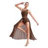 Womens Lyrical Dance Dress Glittery Rhinestones Asymmetrical Shoulder Sleeveless Split Sheer Mesh Performance Gown