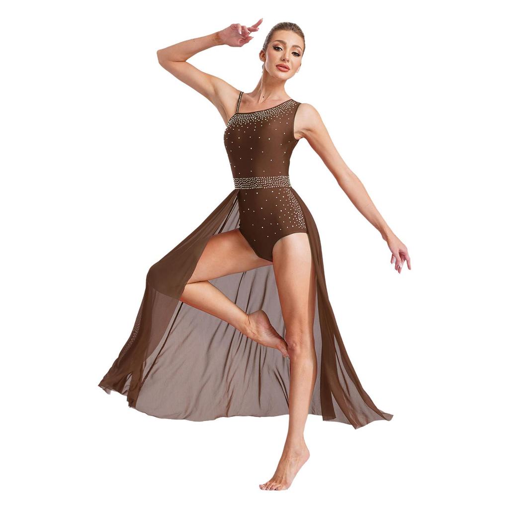 Womens Lyrical Dance Dress Glittery Rhinestones Asymmetrical Shoulder Sleeveless Split Sheer Mesh Performance Gown