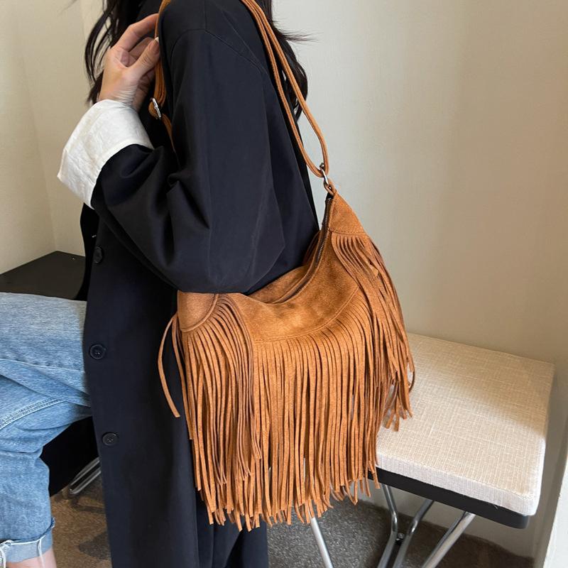 Tassel Design Women's Hobo Bag Fashion Trend Handbag Suede Shoulder Crossbody Shopping Tote Vintage Commuter Bags