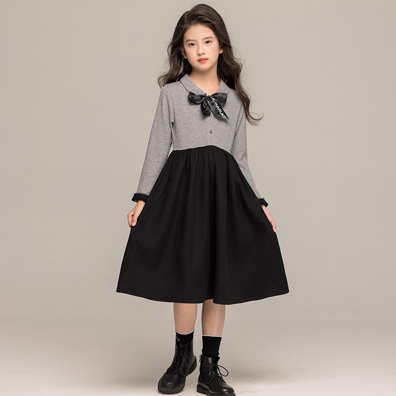 Осеннее платье для девочек в корейском стиле 2024 года с бантом и юбкой с воротником-рубашкой