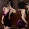 Фиолетовый бархатный ципао эротическое нижнее белье сексуальное чистое желание бесплатное кружево атласная ночная сорочка глубокий вырез на груди голая спина