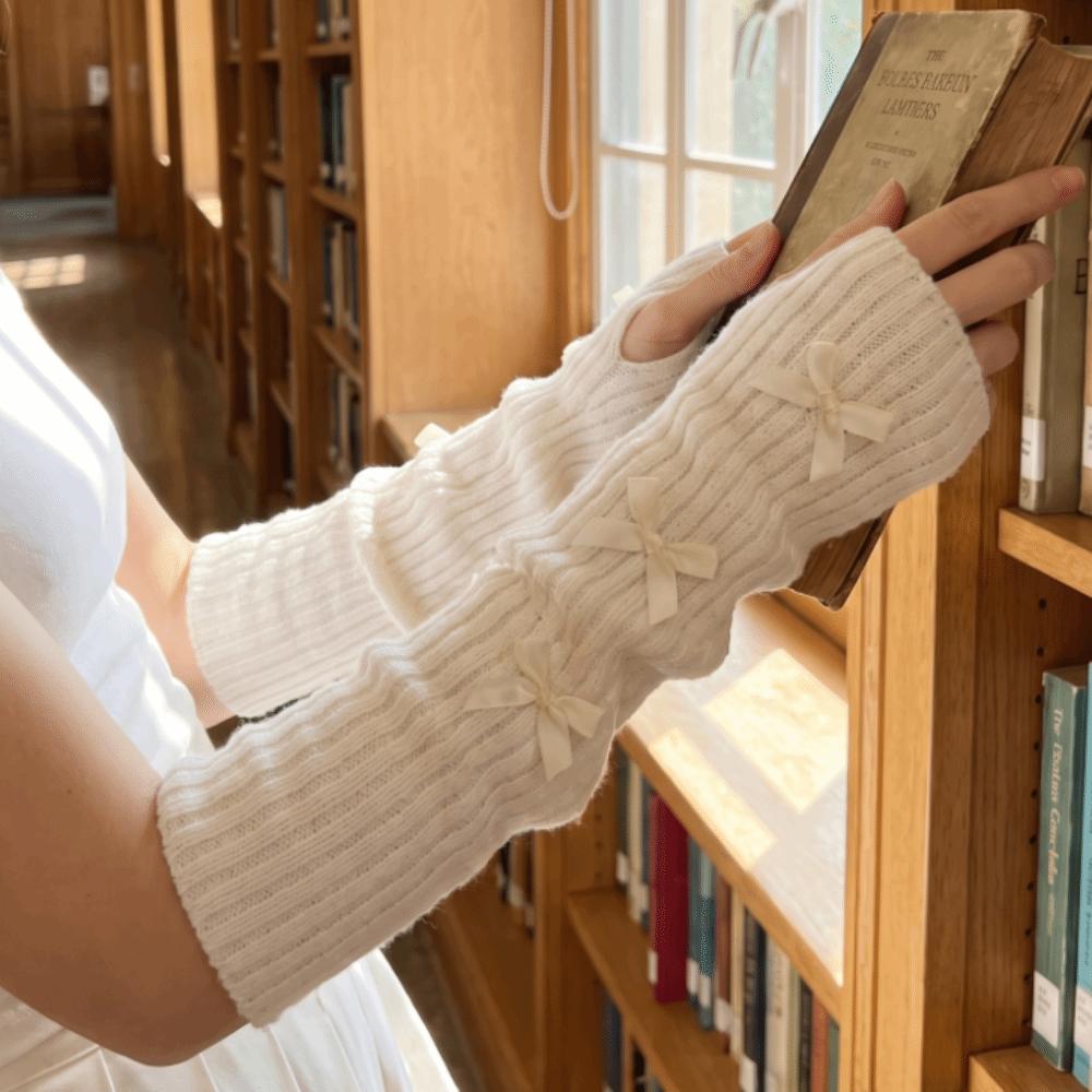 Slouchy Bow Knitted Arm Warmers Long Wrist Cuffs JK Style Sleeve Covers Street