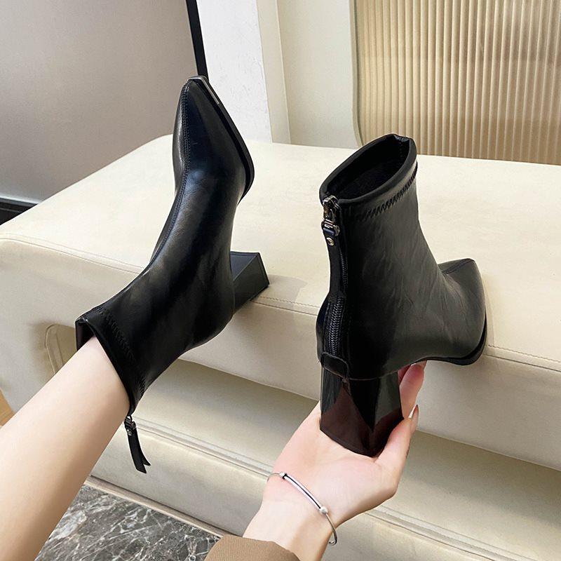 Весенне-осенние универсальные ботильоны-скинни Мартин на высоком каблуке, женские 2025, с молнией сзади, на толстом каблуке, с острым носком, новые ботильоны-нюд, темпераментные