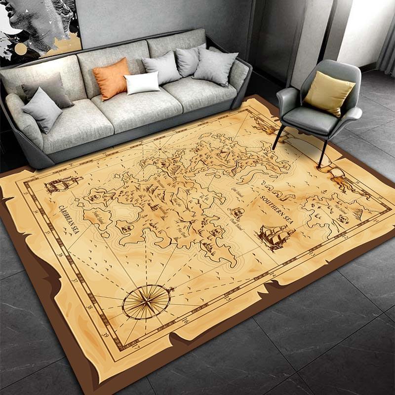 Vintage World Map Print Carpet for Living Room, Antique Style Décor Rug Suitable for use as an anti-slip for living room bedroom sofas