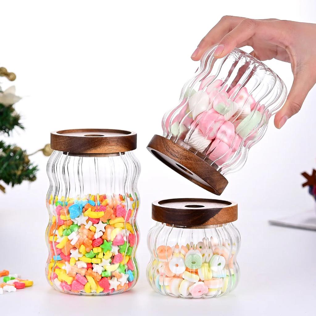 Деревянная крышка Полосатая стеклянная бутылка для хранения Запечатанная банка Чай Кофе Зерна Зерна Банки для конфет Органайзер Кухонная еда Стеклянные контейнеры