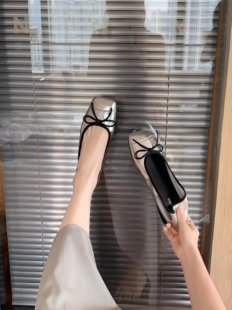 Sheepskin Version~ Genuine Leather Retro Flat-bottomed Ballet Shoes Women's Head Pedal Bow Single Shoes Grandma Shoes