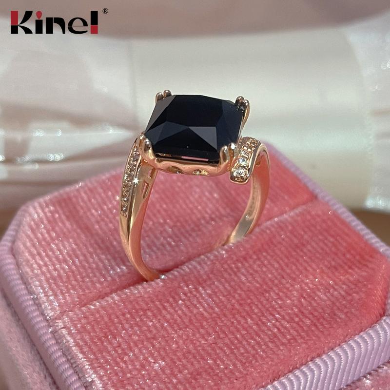 Женские черные квадратные кольца Kinel, модные ювелирные изделия из розового золота