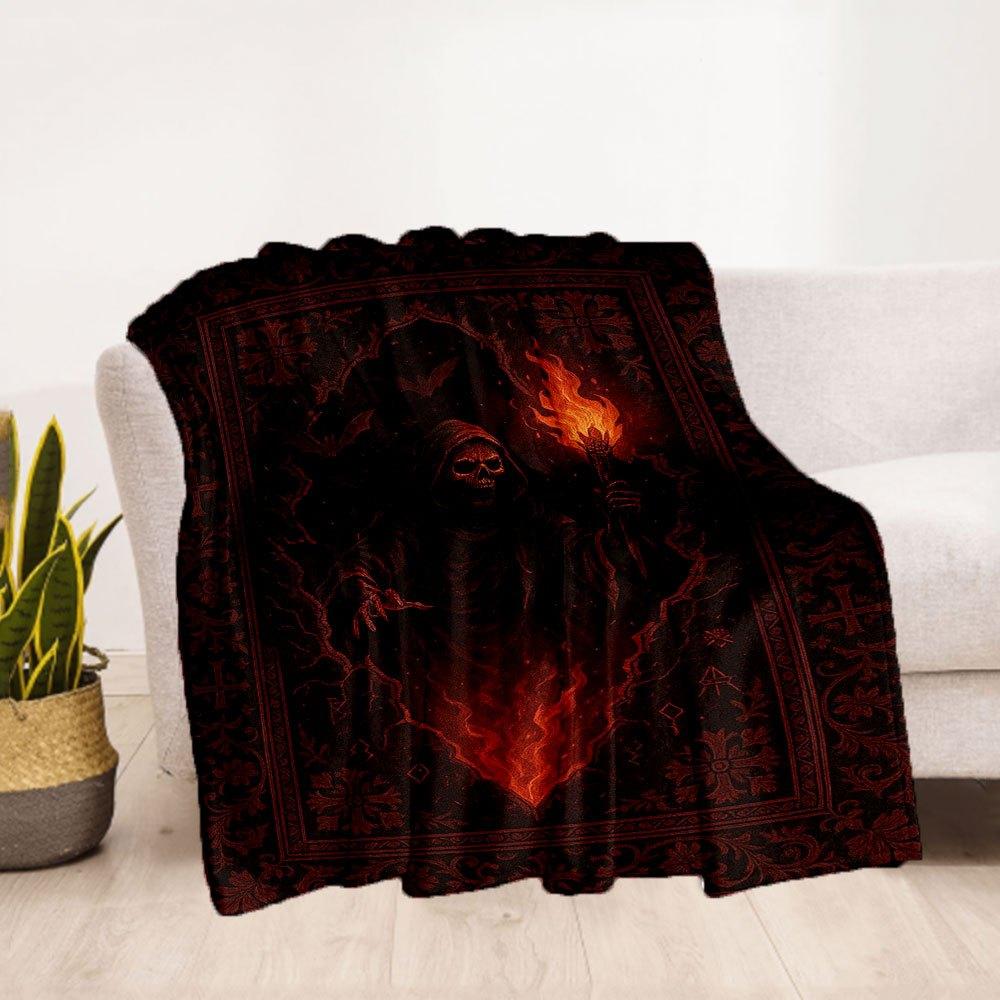 "Dark Fantasy Reaper with Flames Wall Art Print"Blanket Flannel Throw Blanket for Sofa, Bed, Travel, Camping, Office, Couch, Chair, And Bed