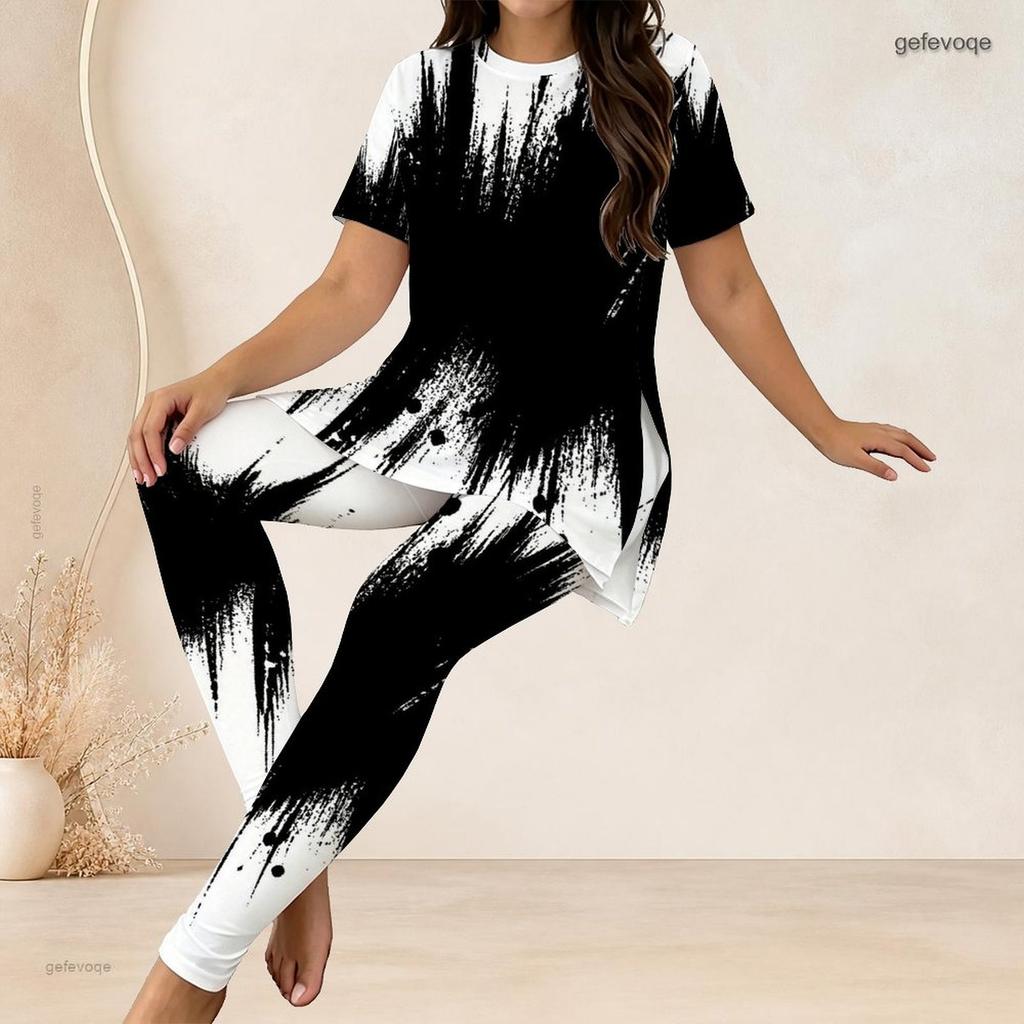 Women Plus Size Two Piece Pant Set Round Neck Short Sleeve Black White Printed Long Top Fitted Pants