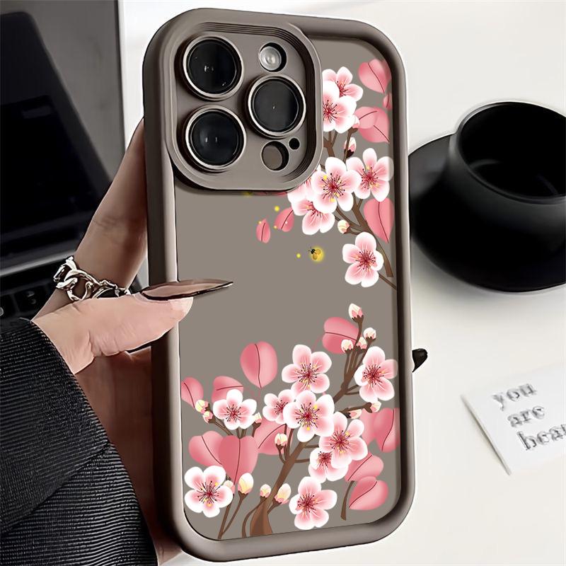 Для iPhone 16 Pro Max 15 Pro 14 Plus 13 12 11 XS 8 7 чехол для телефона розовый цветочный принт матовый противоударный защита линз TPU мягкий бампер чехол